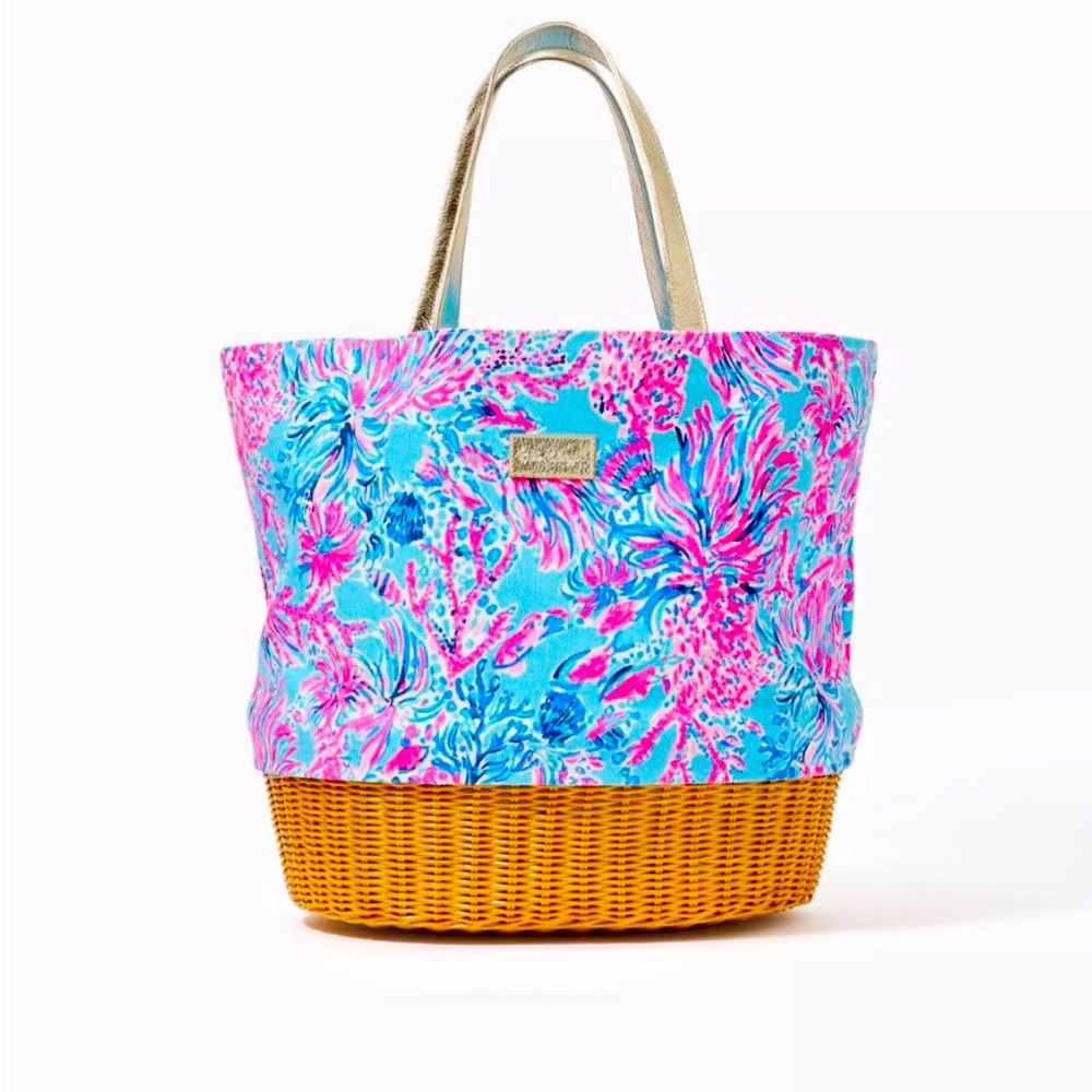 🆕 Lilly Pulitzer Canvas Wicker RARE Beach Bag Tote